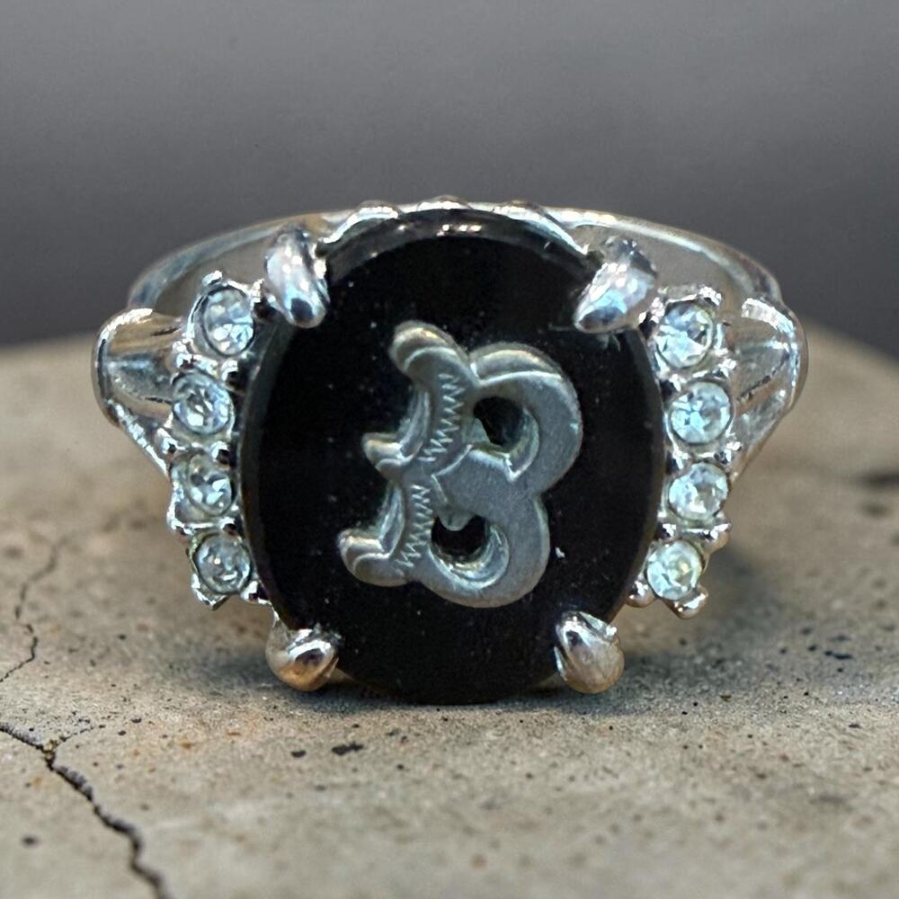 Vintage Uncas Initial B signet Ring 18KT GE Clear CZ Size 7.25 Art Deco Style